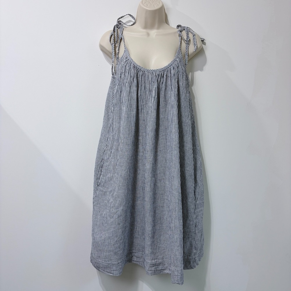 LA Relaxed Organic Cotton Linen Dress Striped Resort Beach Coastal Pool Sz S